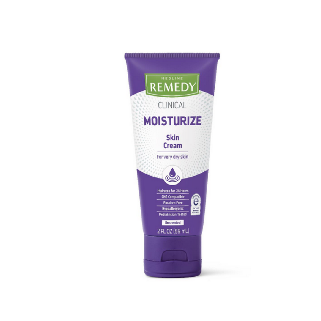 A 2 fl oz (59 mL) purple and white tube of Medline Remedy Clinical Skin Cream - Full Body Lotion for very dry skin stands upright on a white background. This moisturizer is formulated for long-lasting hydration.